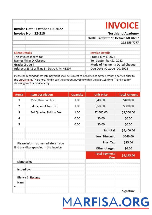 Blank School Fees Invoice Template